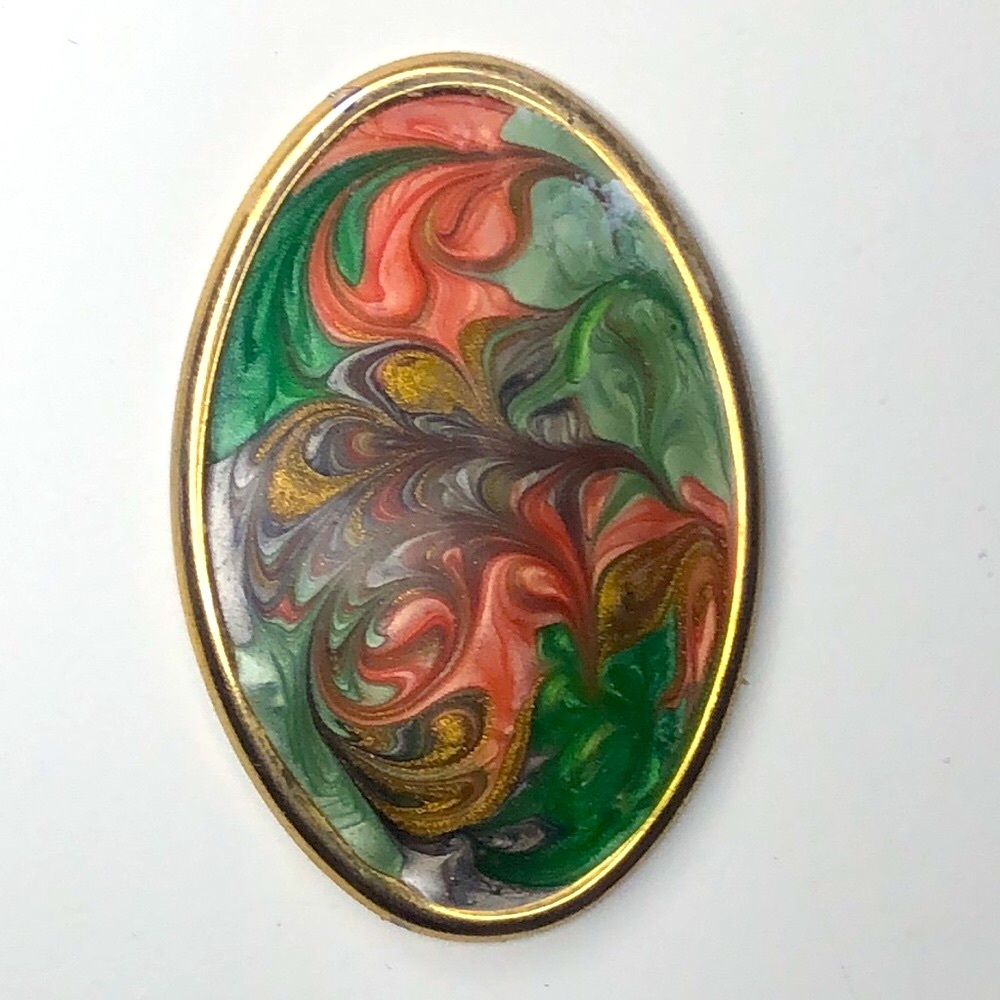 Gold Oval Swirl Enamel Brooch - Green & Red AS-IS